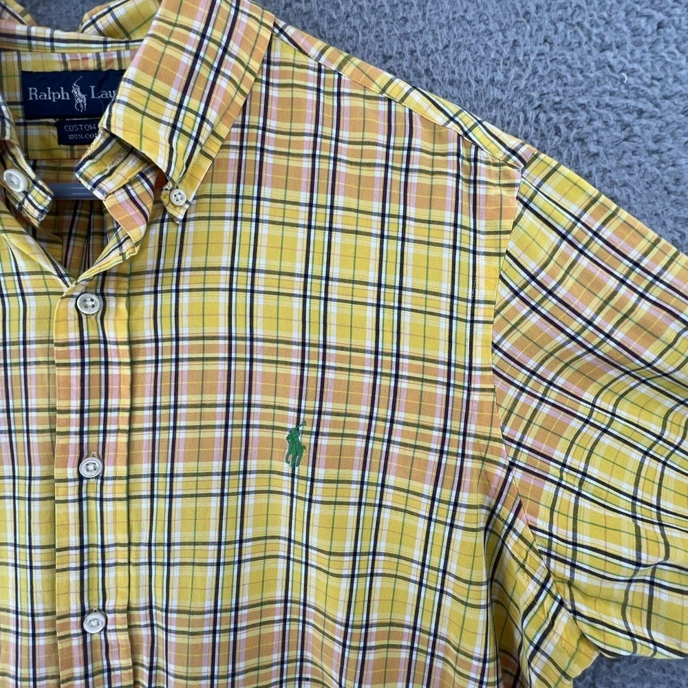 Polo Ralph Lauren Mens Yellow Plaid Custom Fit Button Down Shirt Large Cotton